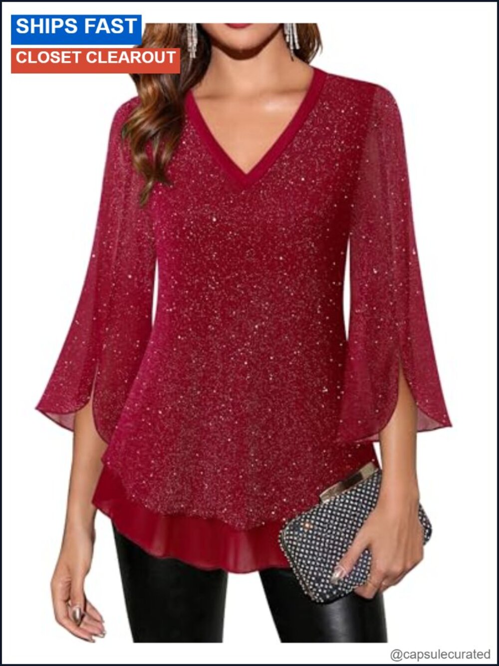 Women's Tunic Blouse 3/4 Sleeve V-Neck Floral Sheer Mesh Glitter
